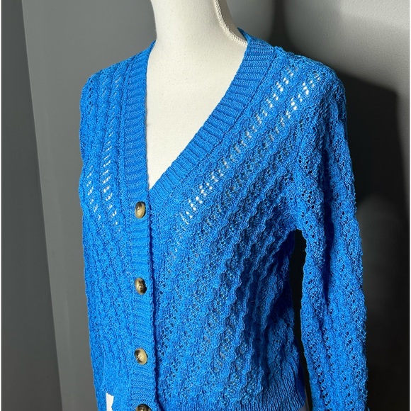 Lulus bright blue open weave button front cardigan size S - Picture 2 of 5